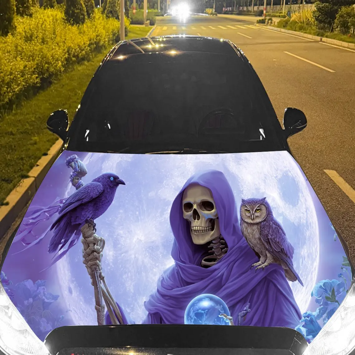 

Grim Reaper with Owl and Crow Car Hood Sticker, Waterproof Self-adhesive Vehicle Vinyl Wraps Decal, Trendy Auto Exterior Decorat