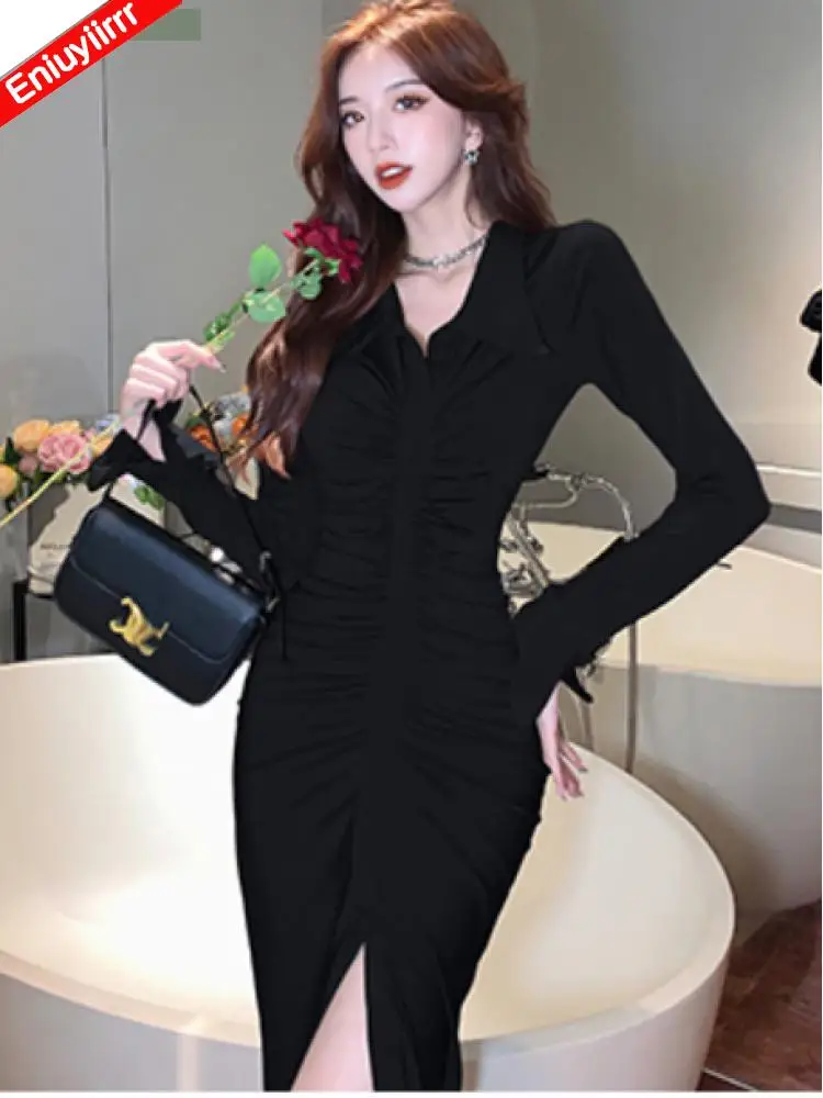 New Year Feminine Vestidos 2022 Women Button Single Breasted Elegant Bodycon bandage Pencil Long Split Slit Sexy Shirt Dress