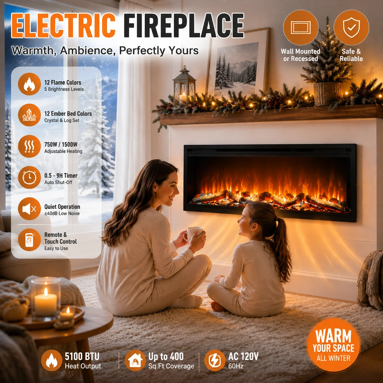 Wall Mounted Electric Fireplace Recessed Linear Heater with Remote Control 1500W 750W Adjustable Flame Color Timer Crystal Log Set for Living Room Bedroom Office