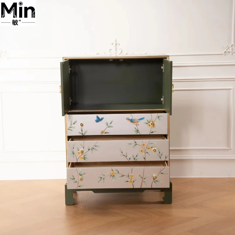 European Vintage Solid Wood Sideboard Cabinet 3 Drawers Hand-painted Display Storage Cabinet for Living Room Kitchen