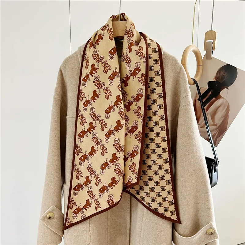 Carruagem impressão dupla face xales marca de luxo feminino longo cachecol de lã de seda cachecóis de pescoço de inverno foulard anel cachecóis ponch