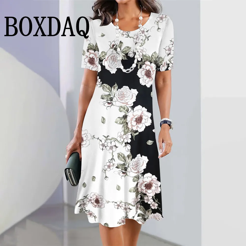 Women Summer Flower Printed Dress Color Block O-Neck Short Sleeve Elegant Ladies Loose A-Line Dress Fashion Casual Mini Dresses