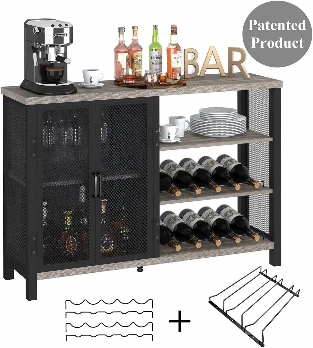 BON AUGURE Industrial Home Bar Cabinet with Wine Rack, Rustic Liquor Cabinet Bar for Home, Coffee Bar Cabinet with Storage