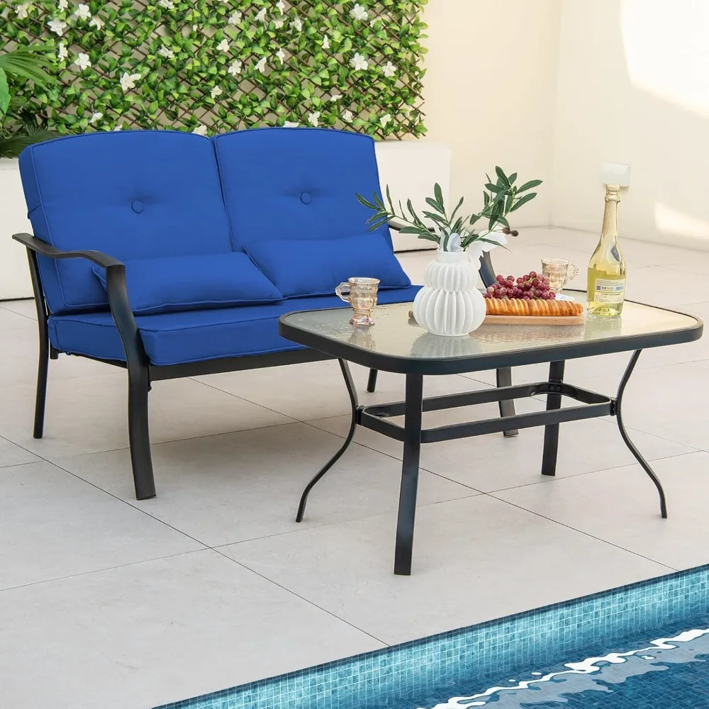 

2 Piece Patio Furniture Set, Outdoor Loveseat Chair Set with Seat Back Cushions & Waist Pillows, Tempered Glass Coffee Table