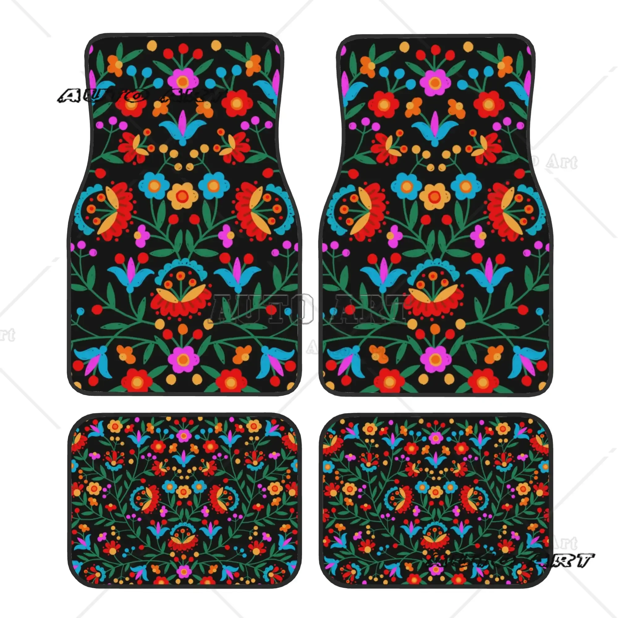 Colourful Floral Mexican Flower Car Floor Mats of 4 Pieces Crystal Velvet Rugs Universal Car Front Rear Carpets Foot Mats