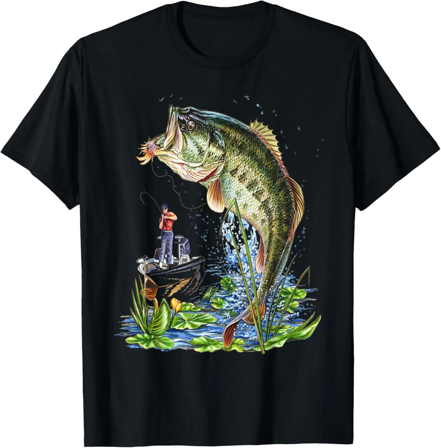 

Jumping Bass Fish Fisherman Boat Graphic Tee Men's Short Sleeve Breathable Cotton T-Shirt