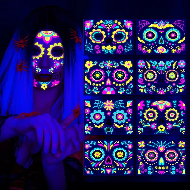 Waterproof Temporary Tattoo Sticker Glitter Fluorescent Face Sticker Day of the Dead Halloween Music Festival Glowing Makeup