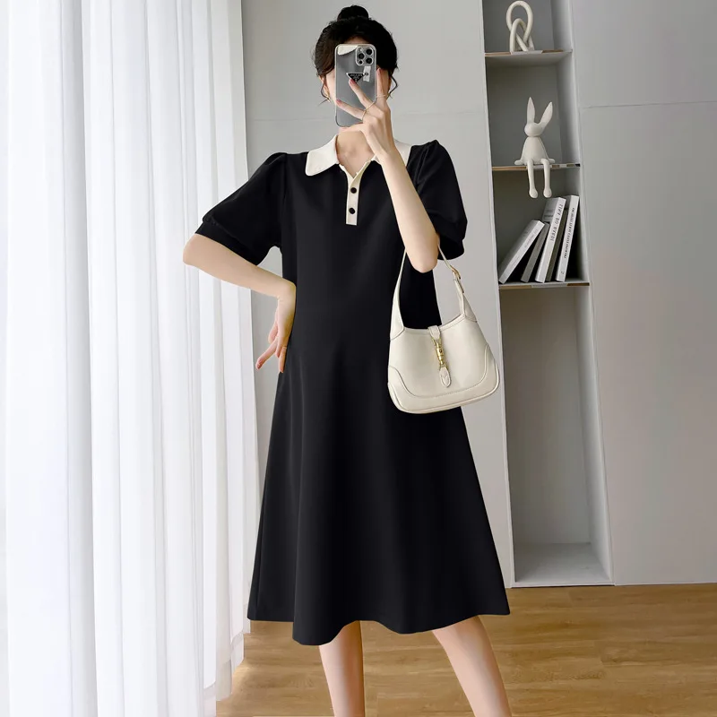 Maternity Summer New Color Collision Polp Collar Loose Thin Short-Sleeved Mid-Length Summer Dresses Maternity Summer Dresses