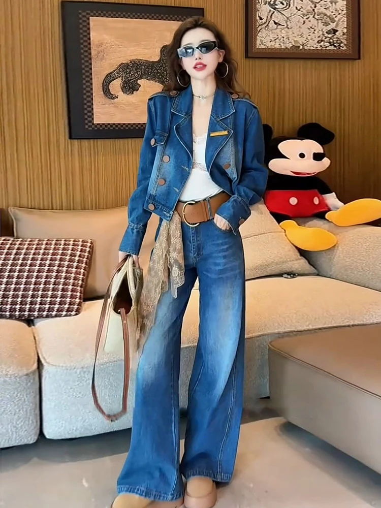 Costume en denim décontracté pour femmes, nouveau style, veste slim et courte à double boutonnage + pantalon à jambes larges, ensemble deux pièces, printemps