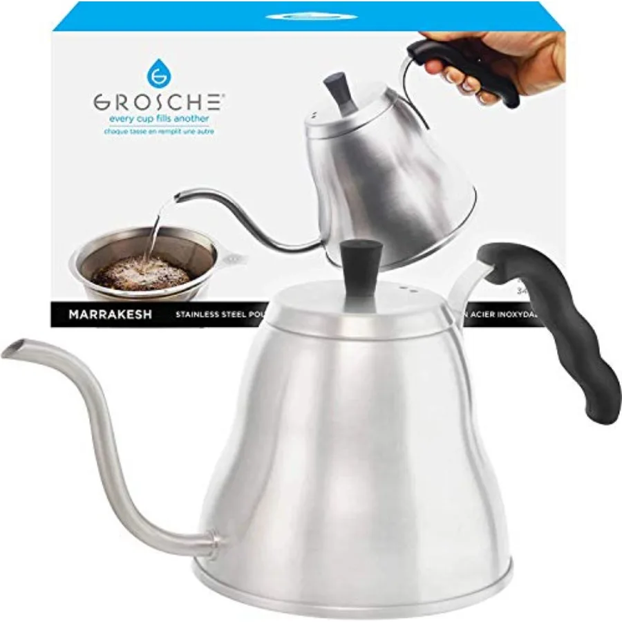

Marrakesh Gooseneck Kettle Stovetop for Precision Pour Over Coffee and Tea Brewing 34 oz Stainless Steel with Integrated Thermo