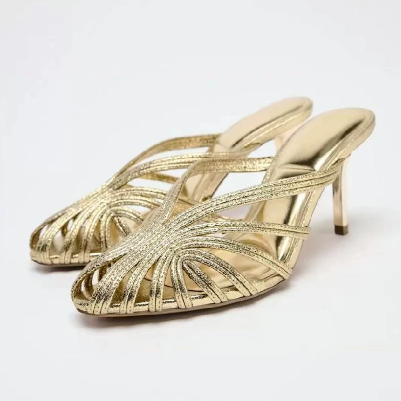 

Designer Hollow Pointed Toe Pumps Slippers Women Fashion Thin Strap Design Heeled Mules Sandals Ladies Comfort Dress Party Heels