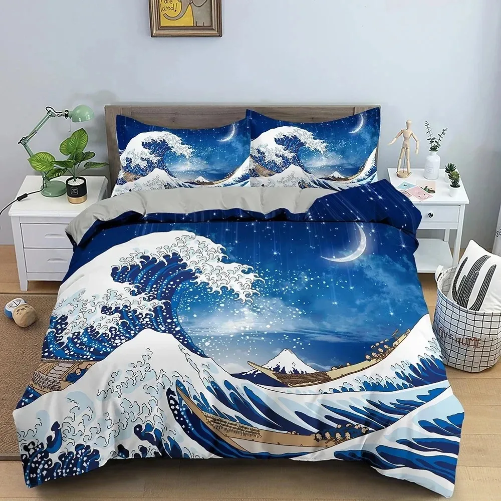 Big Wave Japanese Art Abstract Bedding Set Boys Girls Twin Queen Duvet Cover Pillowcase Bed Kids Adult Home Textileextile