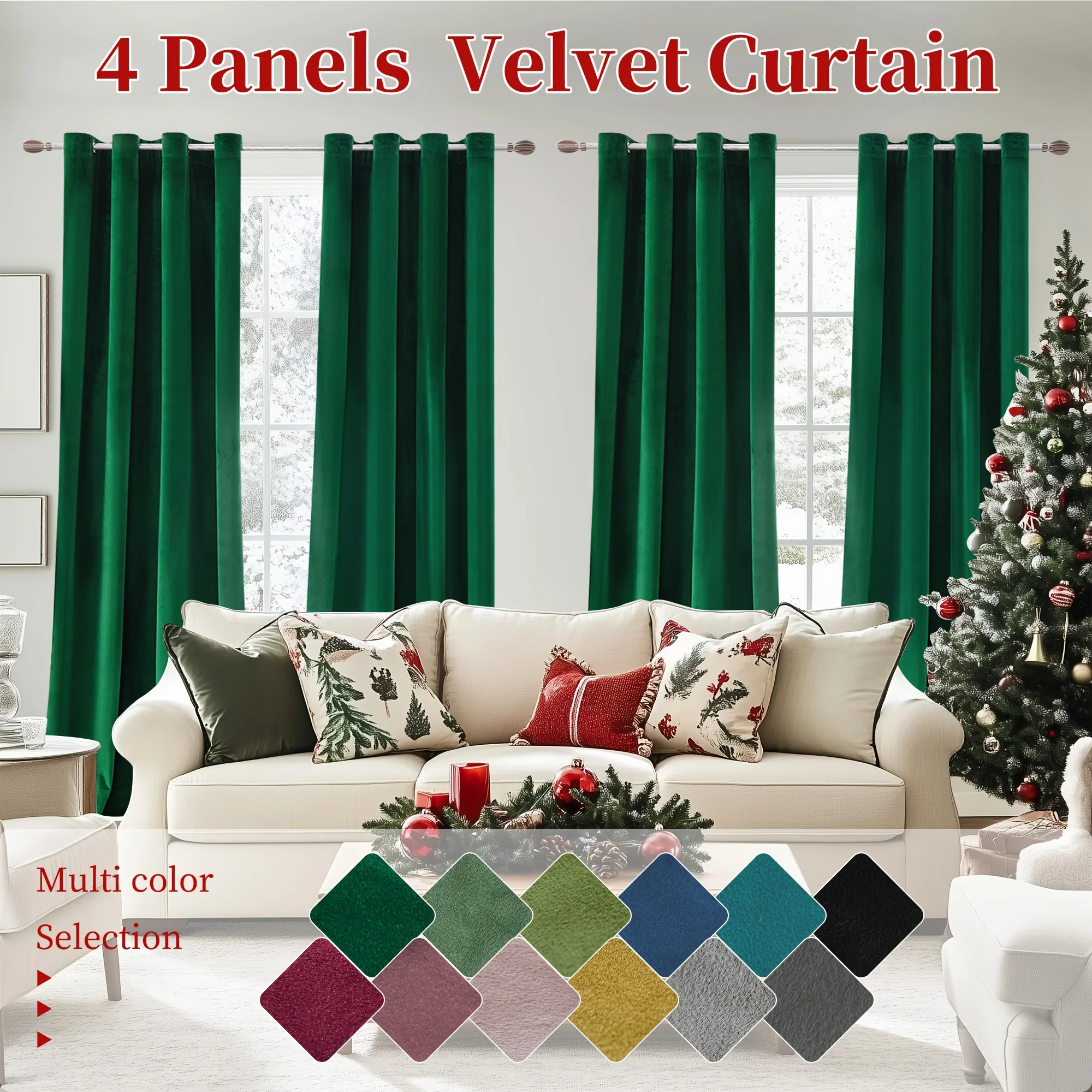

4pcs Luxury Velvet Blackout Curtains - Thermal Insulation & Noise Reduction, Soft Drapes for Living Room and Bedroom Decor, Grommet Top, Christmas Decoration