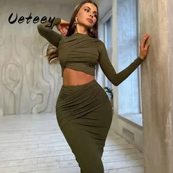 Ueteey Two Piece Skirt Sets Casual Outfits Women Long Sleeve Irregular Tops + Bodycon Skirts Suit Female Vocation Streetwear