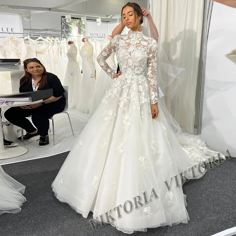 VIKTORIA Classic Square Collars Wedding Dresses For Woman Bride Long Sleeves Corset Tulle Appliques Vestido De Novia Customized
