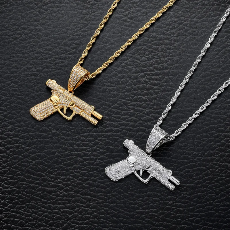 2023 New Fashion Hip Hop Crystal Pistol Pendant Personality Cool Rap Trend Pendant Necklace for Men Women Gift