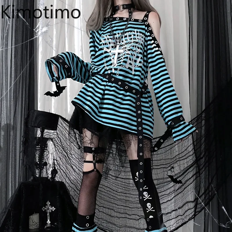 

Футболки Kimotimo в стиле панк с полосками, открытыми плечами и длинными рукавами, женские, в японском стиле Y2K, свободные топы, винтажные готические футболки в стиле Харадзюку