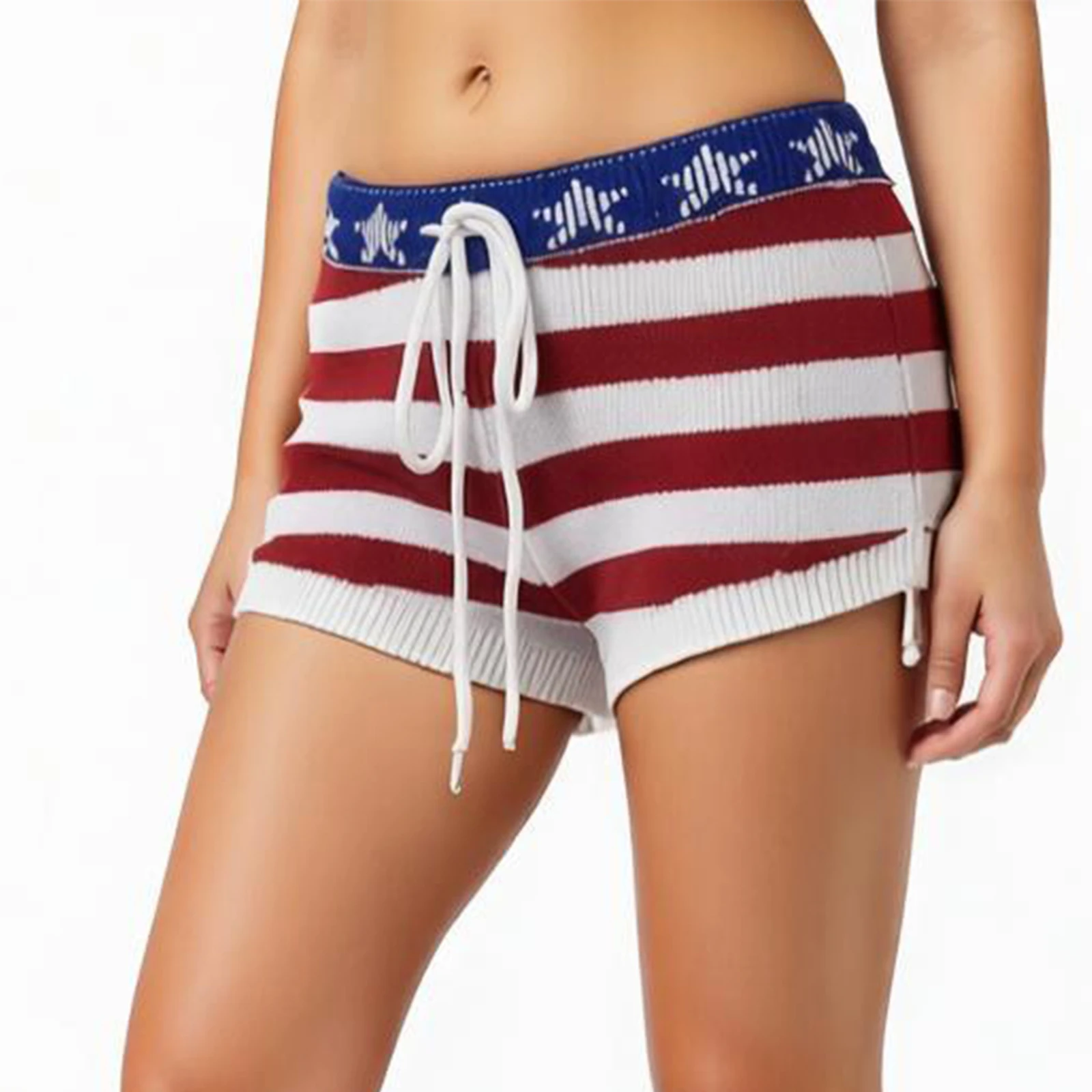 2026 Summer Women’s Knit Micro Shorts Casual Elastic Waist Stars and Stripes Print Slim Fit Skinny Shorts Streetwear Shorts New