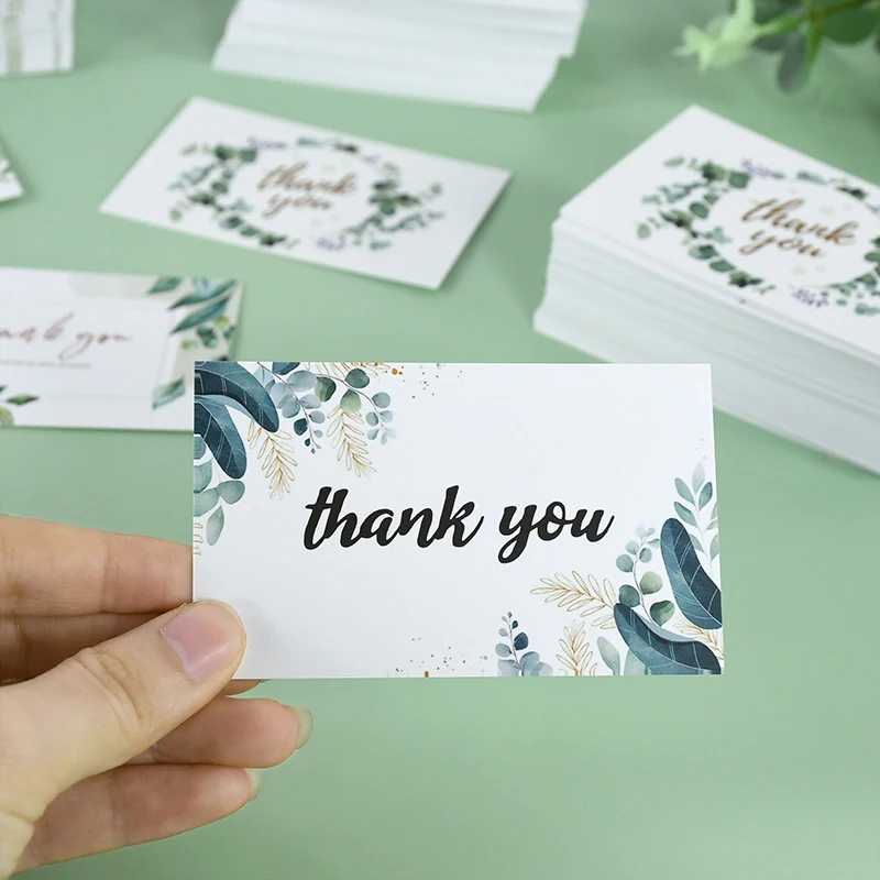 50pcs Thank You Card For Small Business Wedding Favors Green Leaf Greeting Card Invitation Cards Birthday Gift Box Packing Label