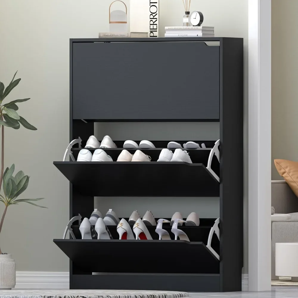 

Storage Cabinet for Entryway, Black Shoe Cabinet with 3 Flip Drawers Hidden Shoe Storage Modern Shoe Rack Storage Organizer