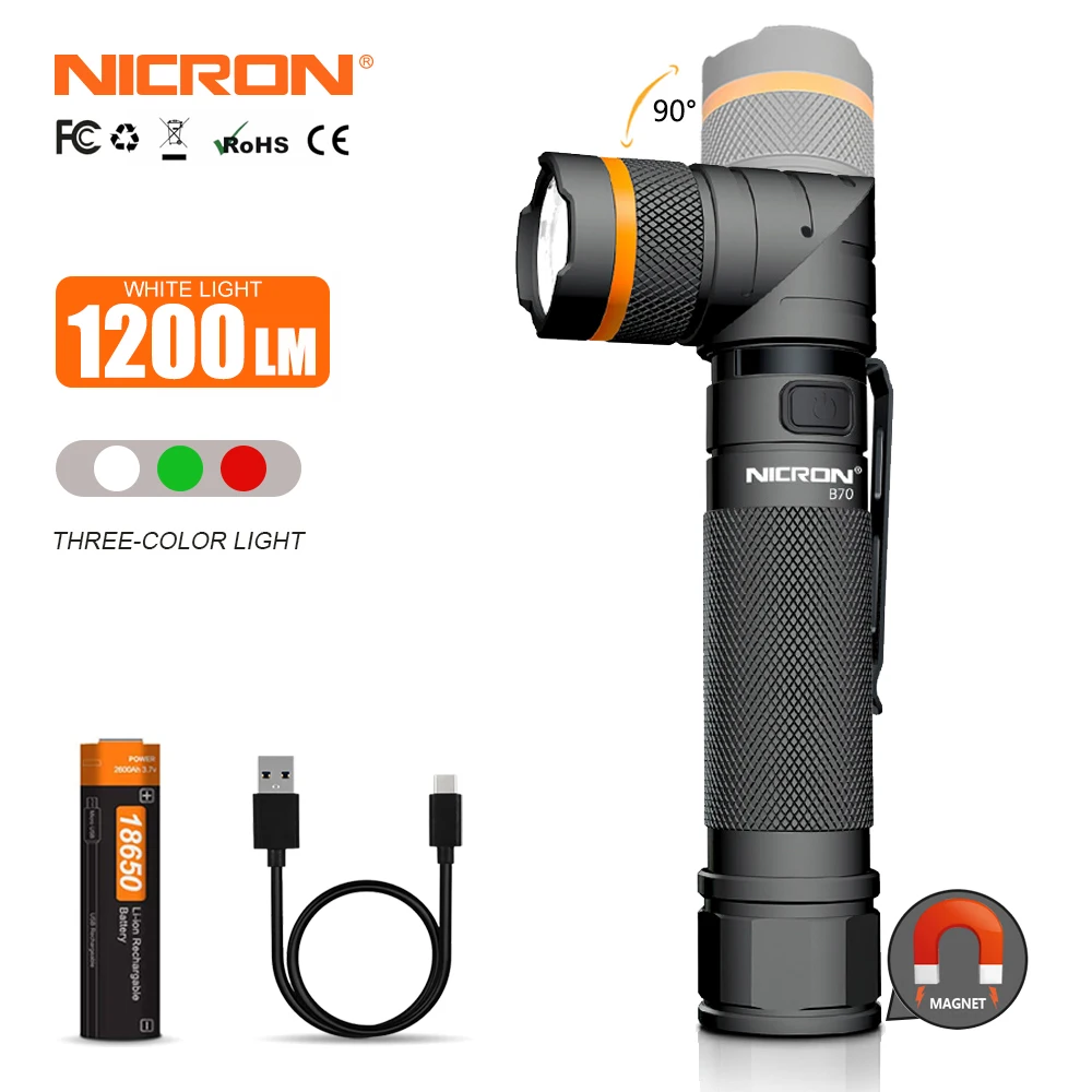 NICRON B70 Rechargeable Twist Flashlight 3 Color Light