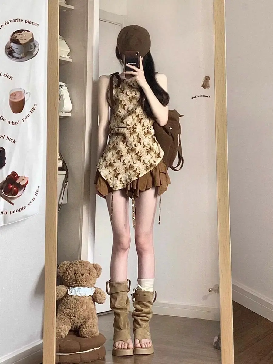 Brązowa, oversize'owa plisowana spódnica damska, jesienna, z wysokim stanem, sukienka ort Gown z Sa Vintage Sle Commute, jednolita spódnica w kształcie litery A.