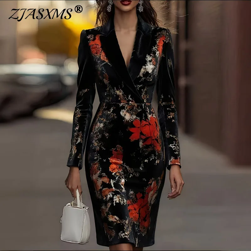 Vestido Retro elegante de terciopelo con estampado Floral para mujer, vestido ajustado de cintura alta con cuello en V, vestido de oficina de manga larga para Otoño e Invierno