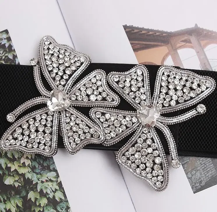 Women's Runway Fashion Rhinestone Butterfly Elastic Cummerbunds Female Dress Corsets Waistband Belts Decoration Wide Belt R2927