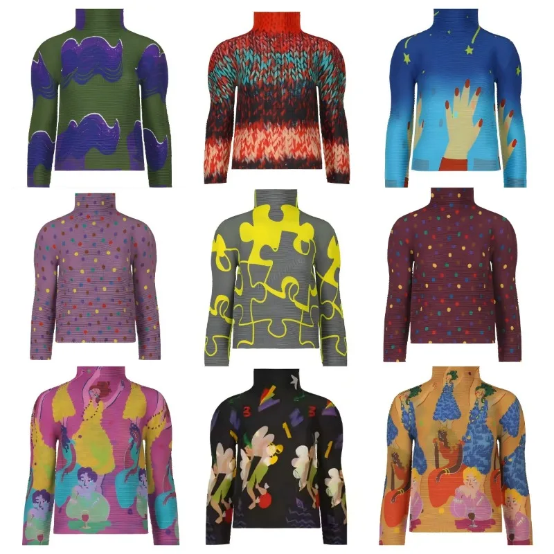 

Miyake Japanese High Neck Long-sleeved Printed Blouse Pleated T-shirt Thin Half-high Neck Bottoming Shirt Tight Stretch Women's