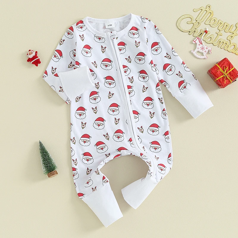 

Toddler Baby Zipper Rompers Casual Christmas Tree Santa Claus Print Long Sleeve Footed Jumpsuit for Infant Cute Clothes