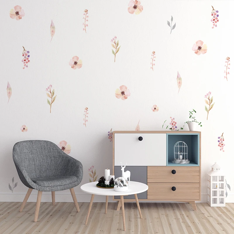 Pink Flowers Wall Stickers for Living Rooms, Background Wall Decoration, Self-adhesive Vinyl Sticker, Girls Bedroom