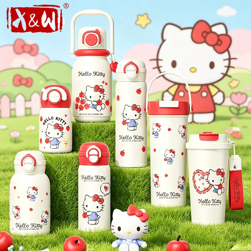 X&W Hello Kitty Theme Insulated Cup 316 Stainless Steel Girl Cute Straw Cups Portable Outdoor Travel Vaccum Flask Perfect Gift