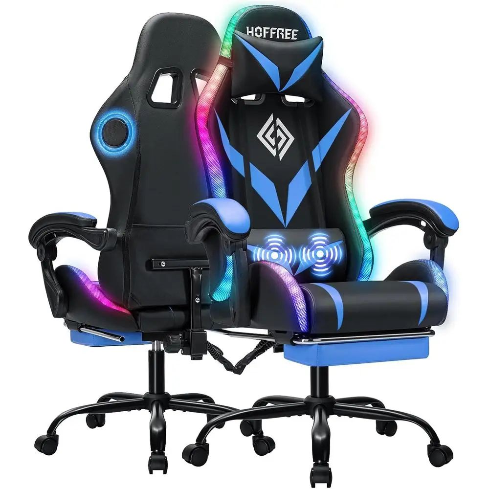 RGB Gaming Chair with Bluetooth Speakers and LED Lights Ergonomic Massage Computer Gaming Chair with ootrest Video Game Chair Hi