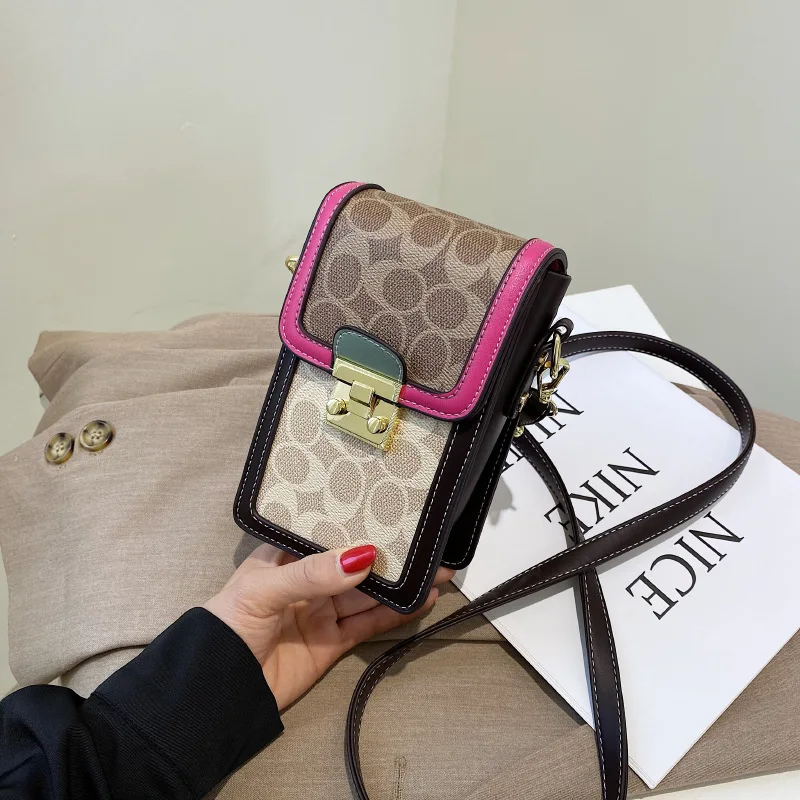 Retro Classic Vertical Single‑Shoulder Mobile Phone Bag New Print Trend Crossbody Purse Dual‑Color Pink Brown Mini Shoulder Bag