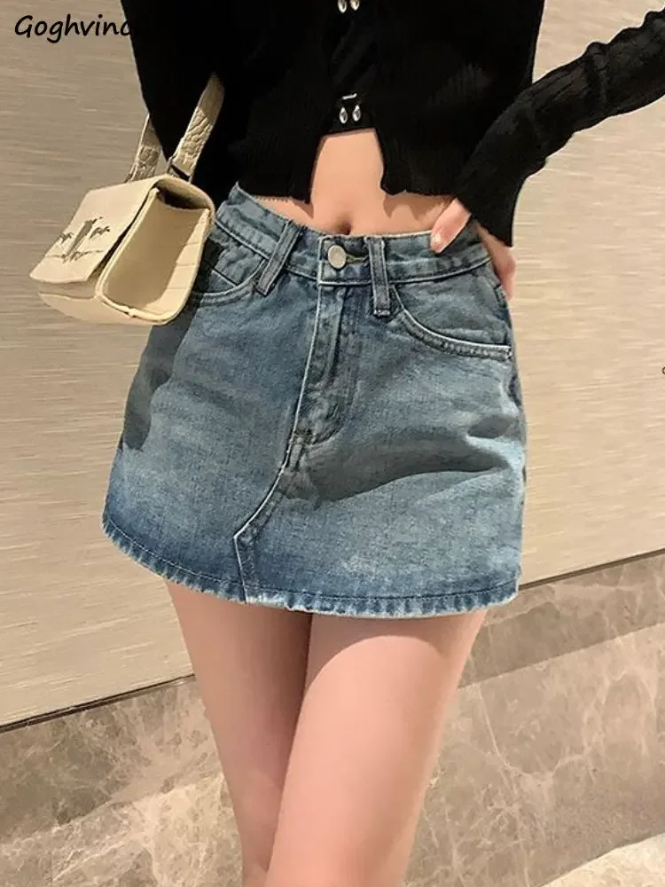 

Джинсовая мини-юбка женская, приталенная винтажная универсальная Классическая уличная модная трапециевидная юбка в стиле ольччан, в Корейском стиле, на лето