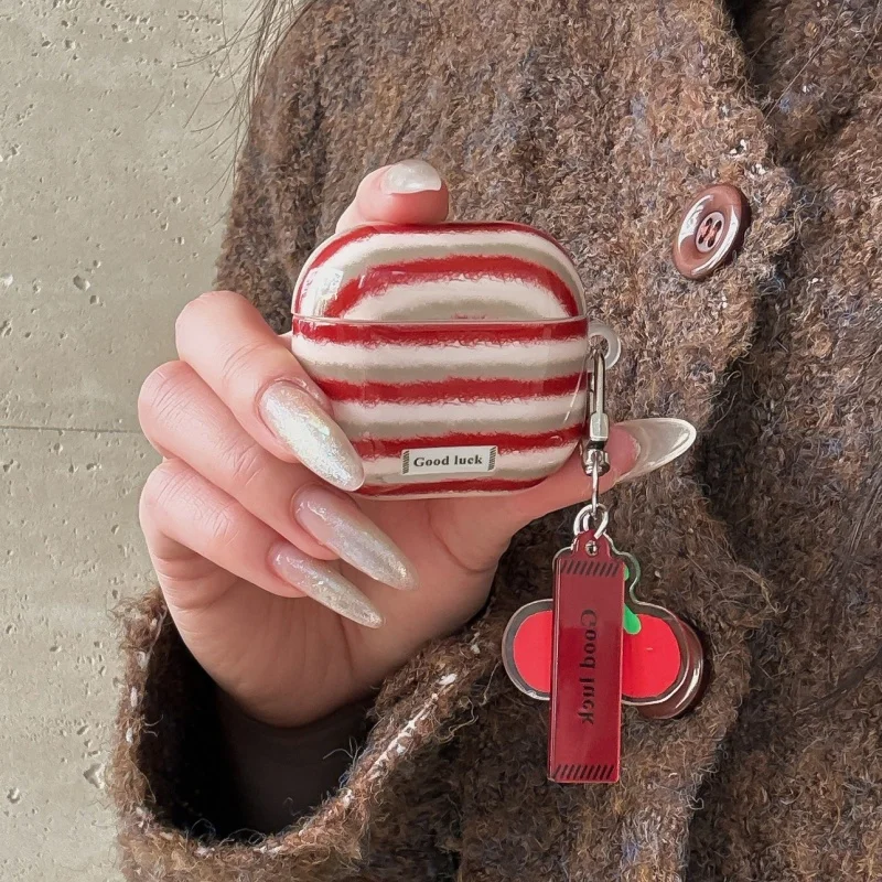 

Korean Red Stripe Earphone Case For Apple Airpods 4 3 2 Pro 3 Cover with Cute Cherry Pendant Silicone Headphone Cases For Airpod