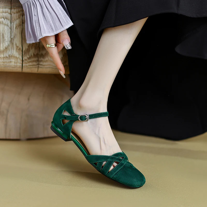 Vintage Green Suede Sandals Women Retro Low Heel Buckle Strap Sandalias 2022 Summer New Ladies Flat Hollow Out Fisherman Shoes