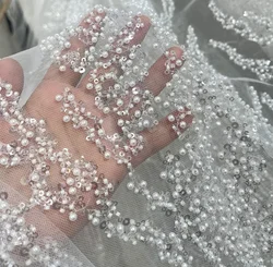 Luxury Pearls Beaded Tulle Lace Spring NEW 1 Yard Off White Bridal Wedding Dress Lace Fabric