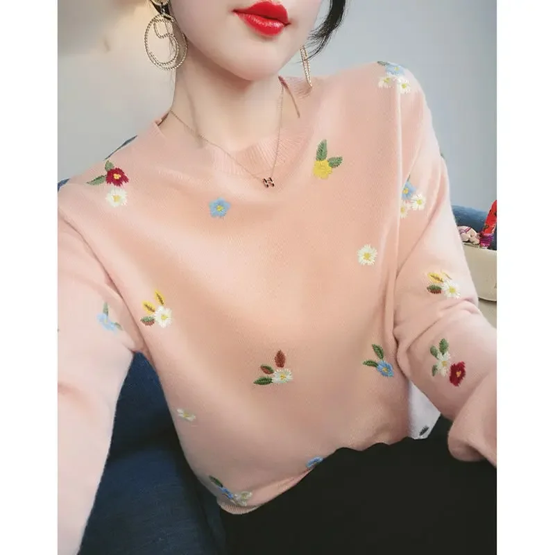 

Spring Pink Fashion Women's Thin Pullover Sweater, Black Round Neck Floral Embroidered Sweater, Autumn Budding Knitted Top