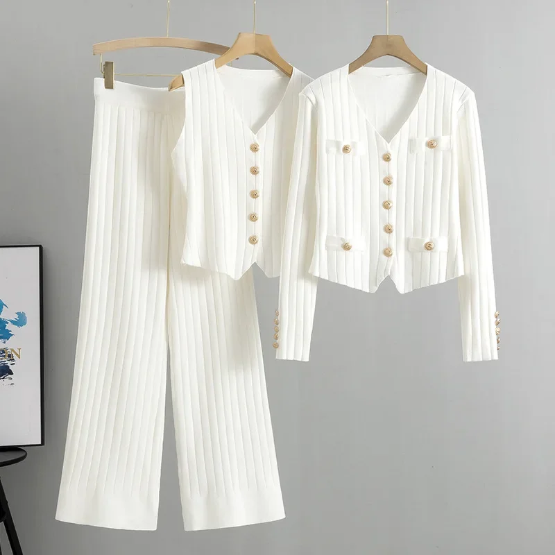 

Fashion Knitted 3 Piece Set for Women Sexy Vest and Elegant V Neck Button Sweater Cardigan and Elastic Waist Wide Leg Pants Suit