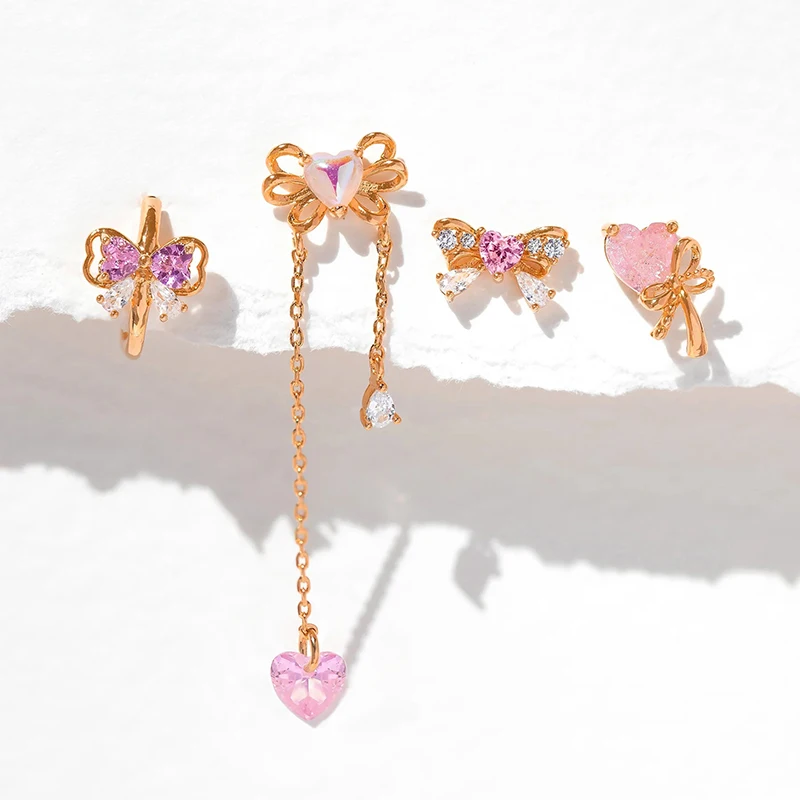 الوردي تشيكوسلوفاكيا زركونيا القلب استرخى طقم من الحلقان للنساء مطلية بالذهب ثقب Bowknot وأقراط امرأة مجوهرات الأزياء الإكسسوار #5