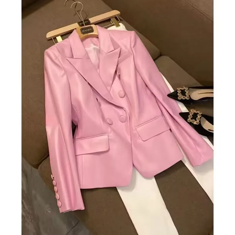 Women\'s Short Pink Jacket, PU Artificial Leather Blazer, Long Sleeve, Slim, Luxury Jackets, Female Coat, Street Fashion, Autumn