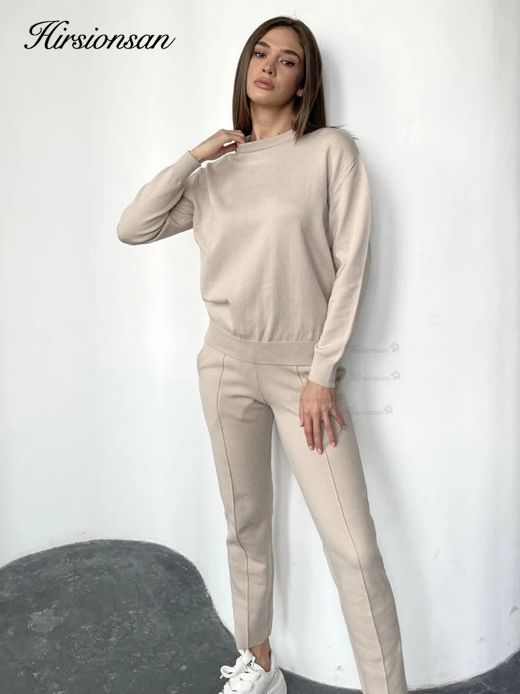 Hirsionsan Winter Cashmere Women Knitted Suits Soft 2 Pieces Cusual Female Sets O Neck Sweater & Harem Pants Knitted Outfit 2023