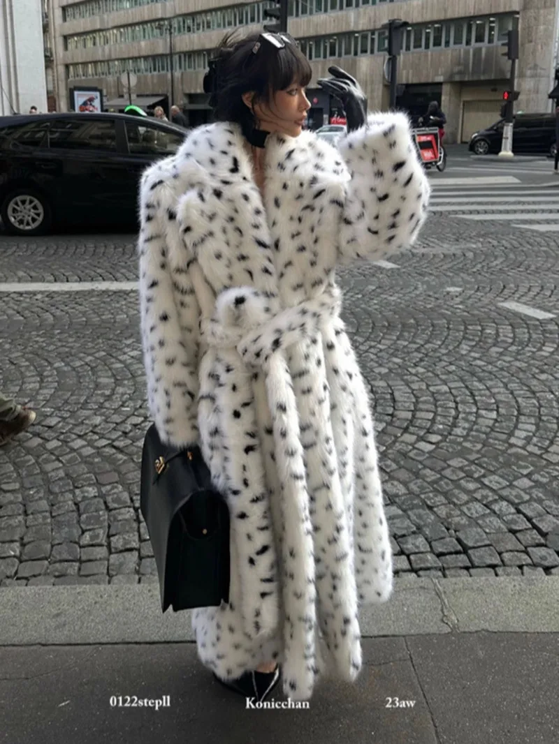 Fashion Eco-Friendly Long Leopard Print Fur Coat Women's Lapel Loose Thick Plush Overcoat Winte UCPF view 2