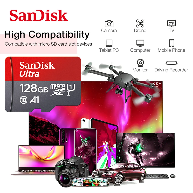 SanDisk Original Memory Card 128GB 64GB 32GB A1 Micro TF SD Card Class 10 U1 256GB 512GB 1TB Flash Card for Samrtphone/PC