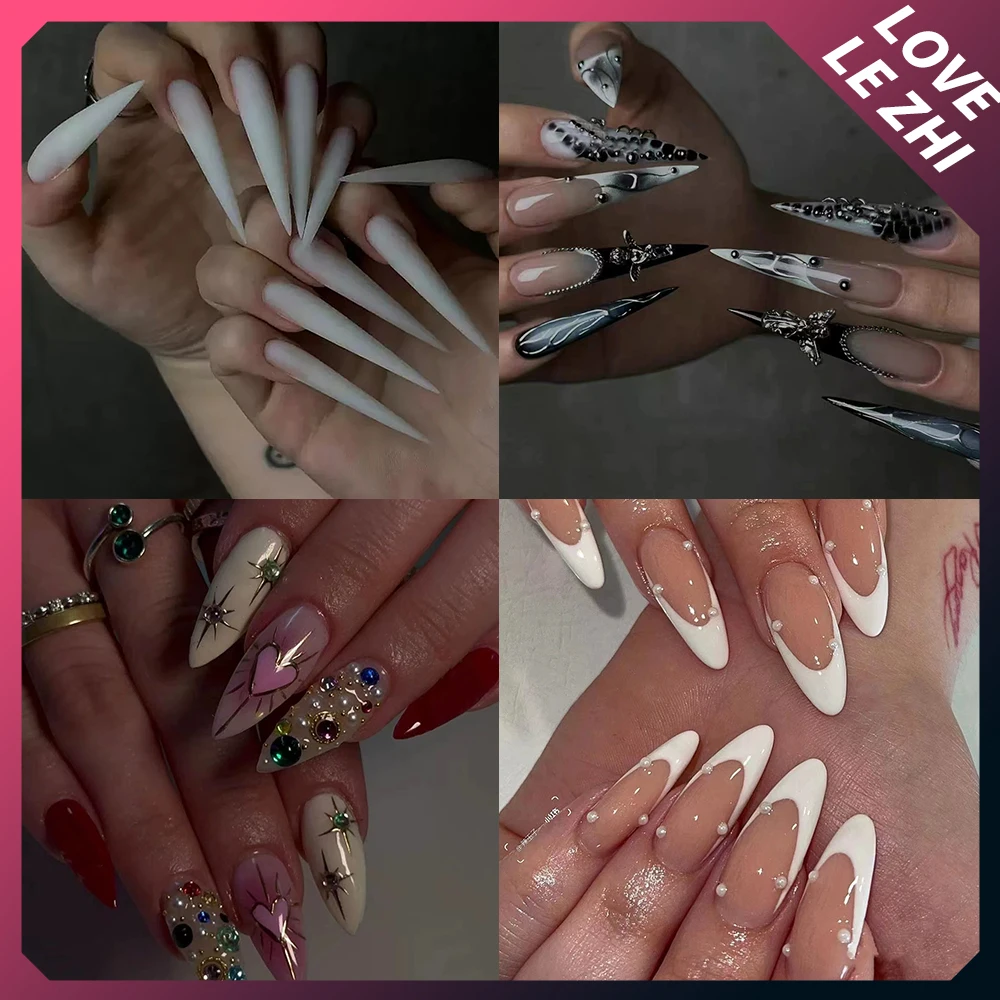 

Y2K Spice Girl Long Tip Beast Claw Dragon Shaped Claw Handmade Press On Nails Metal Angel Diamond Pearl Flash Sequins False Nail