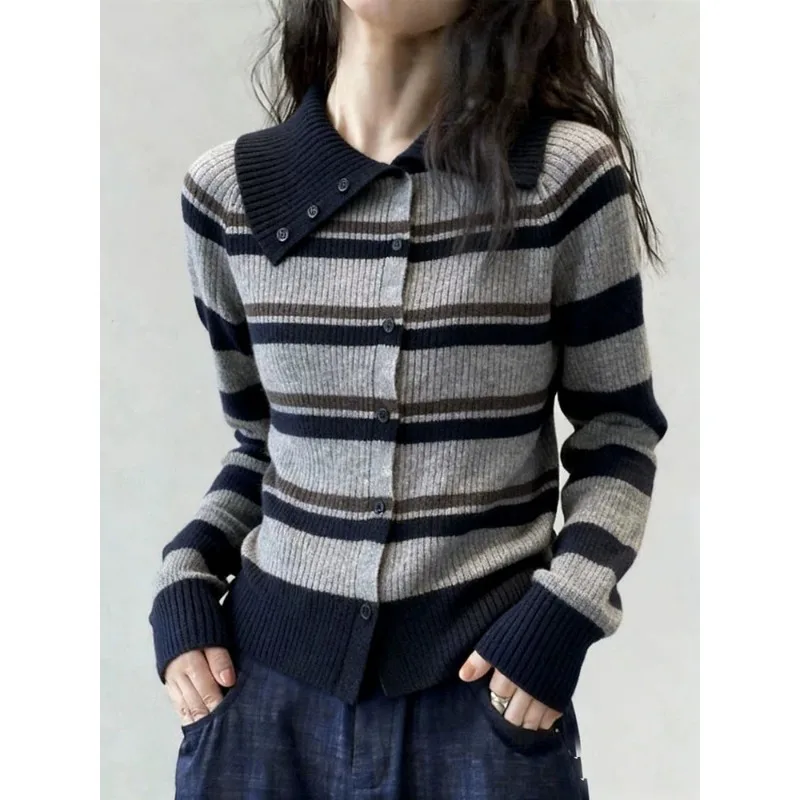Women Chic Color Block Striped Lapel Knit Cardigan Long Sleeve Fashion Casual Top