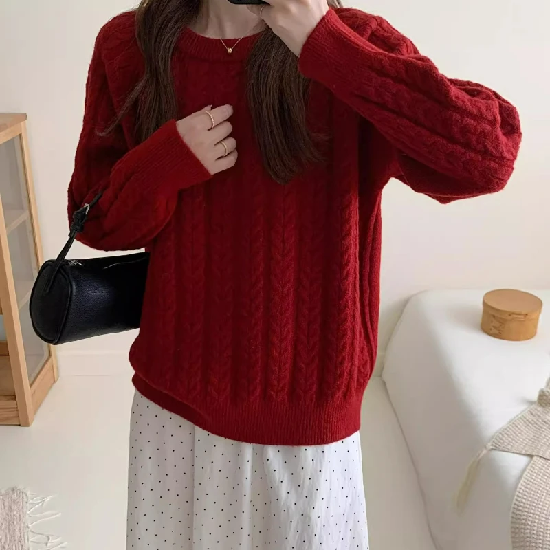 

Soft white twist sweater for women new style pullover loose solid color inner bottoming sweater top
