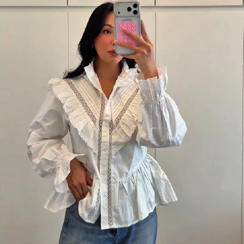 Women White Ruffle Blouse Balloon Long Sleeve Eyelet Button Front Peplum Top 2026 Autum Casual Elegant Office Ladies Shirt