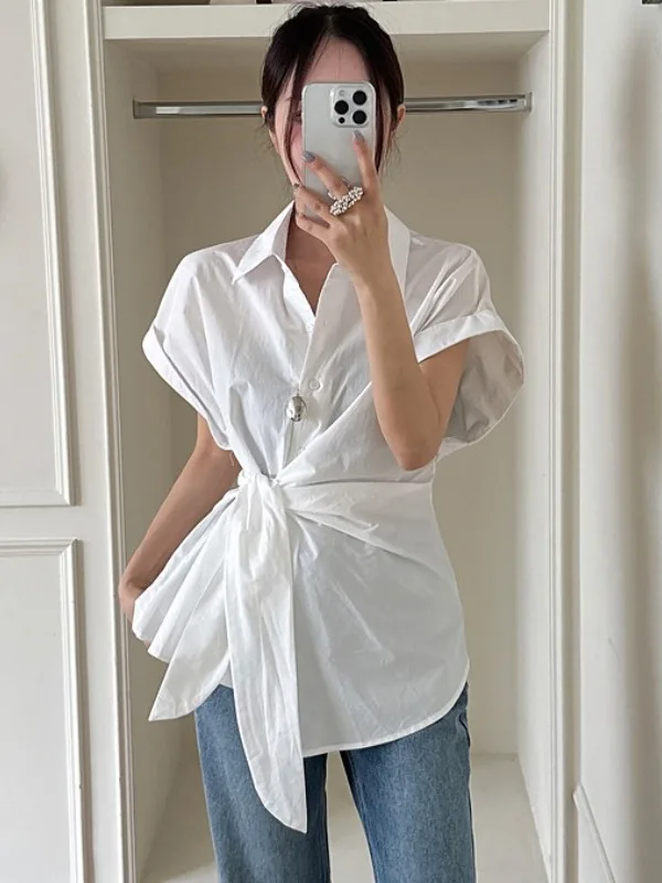 

Ele ort Sve irt Women's Design Sense Waist-Cinching Slimming Top Summer New Sle Knot Tie Irregular Sve